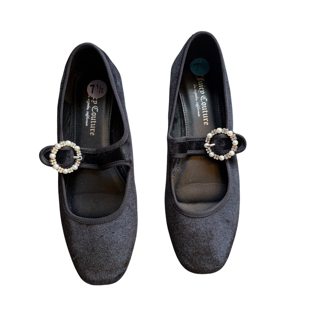 Juicy Couture Black Velvet Mary Jane Pearl Rhinestone Buckle Flats 7.5